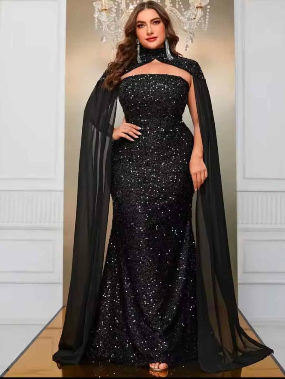 Womens Black Sequin Evening Gown With Cape